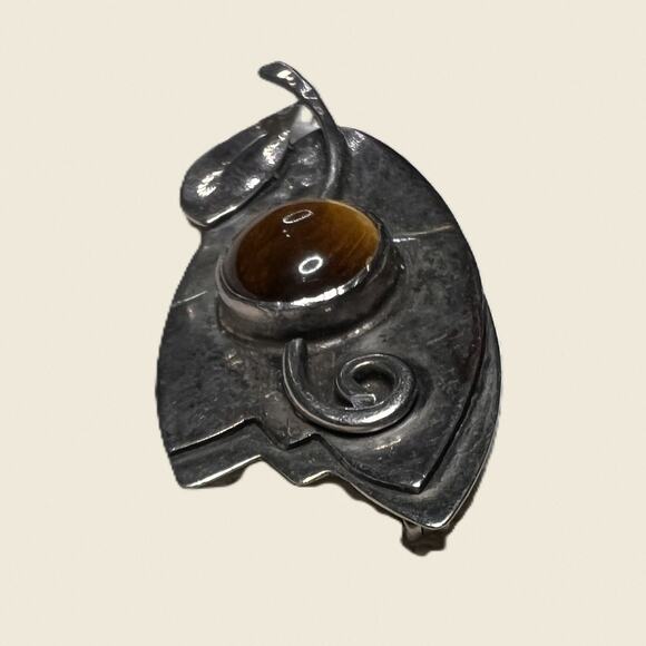 Gardella Sterling Tiger’s Eye Leaf Brooch - Picture 5 of 10